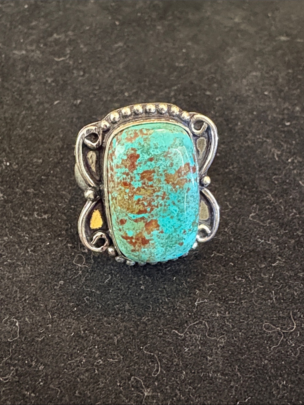 Faux Turquoise Statement Ring with Silver Filigree